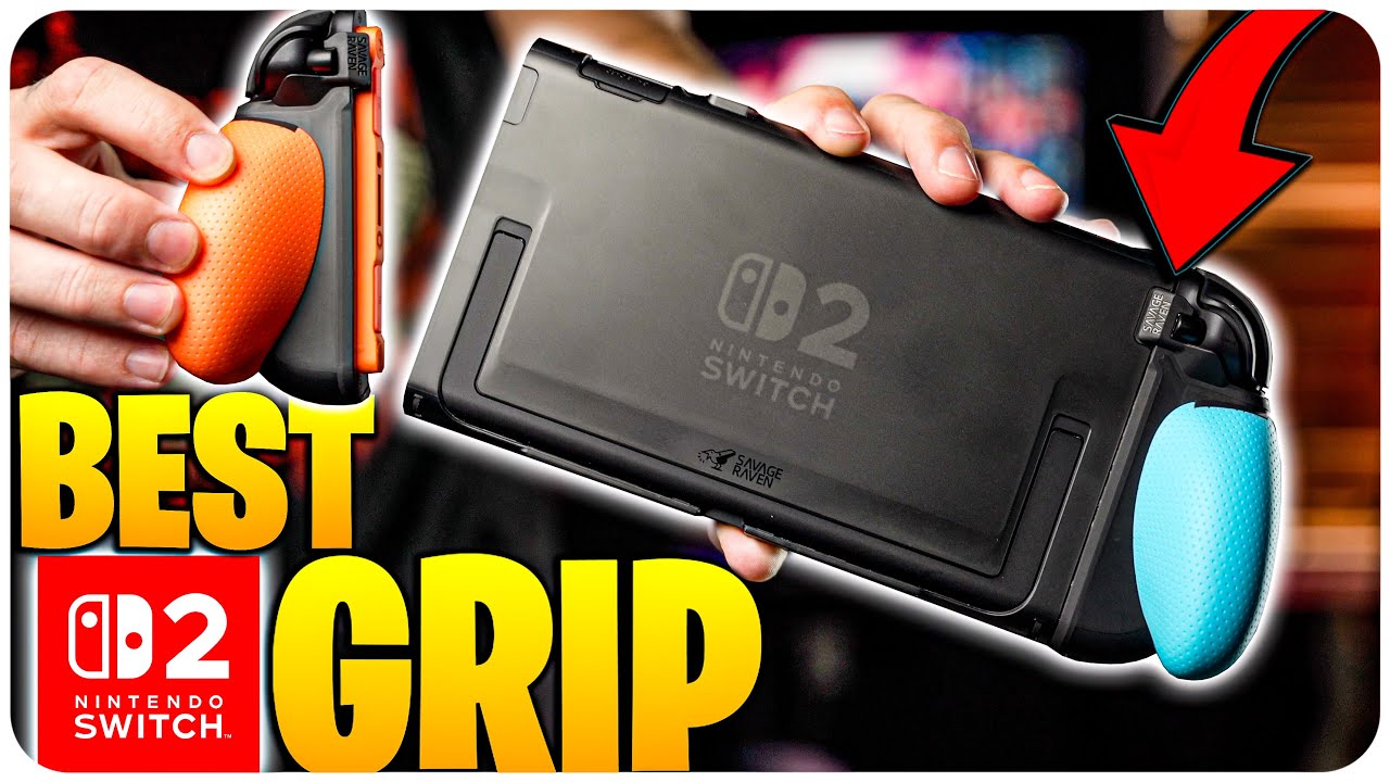 YouTube post by @DripMediaGaming for TeePublic. Caption reads: Did I Just find the BEST Nintendo Switch 2 Grip....