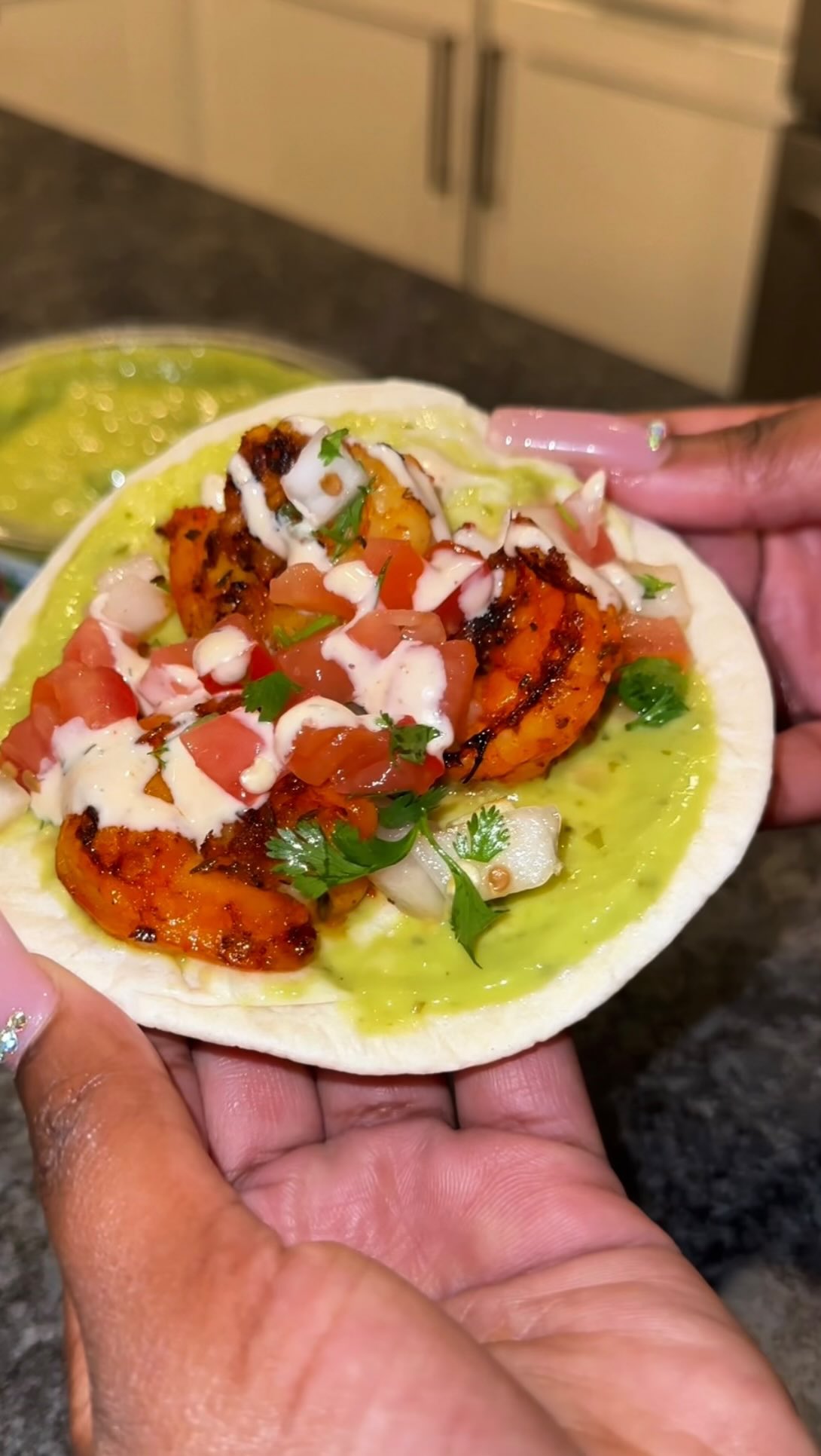 Instagram post by @eatsbytweeet for Good Foods. Caption reads: Blackened shrimp tacos using @goodfoods Avocado....