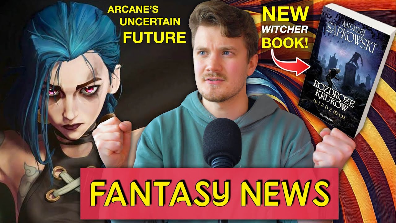 YouTube post by @DanielGreeneReviews for Vanity Fair. Caption reads: New Witcher Book 🐺 Arcane Confusion 🤔 & Kaladin....