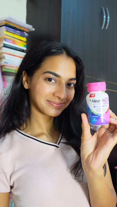 Instagram post by @imyadav_riya for HealthOK Tablets. Caption reads: Workout ✔️ Skincare ✔️ Water ✔️ Phir bhi agar low....