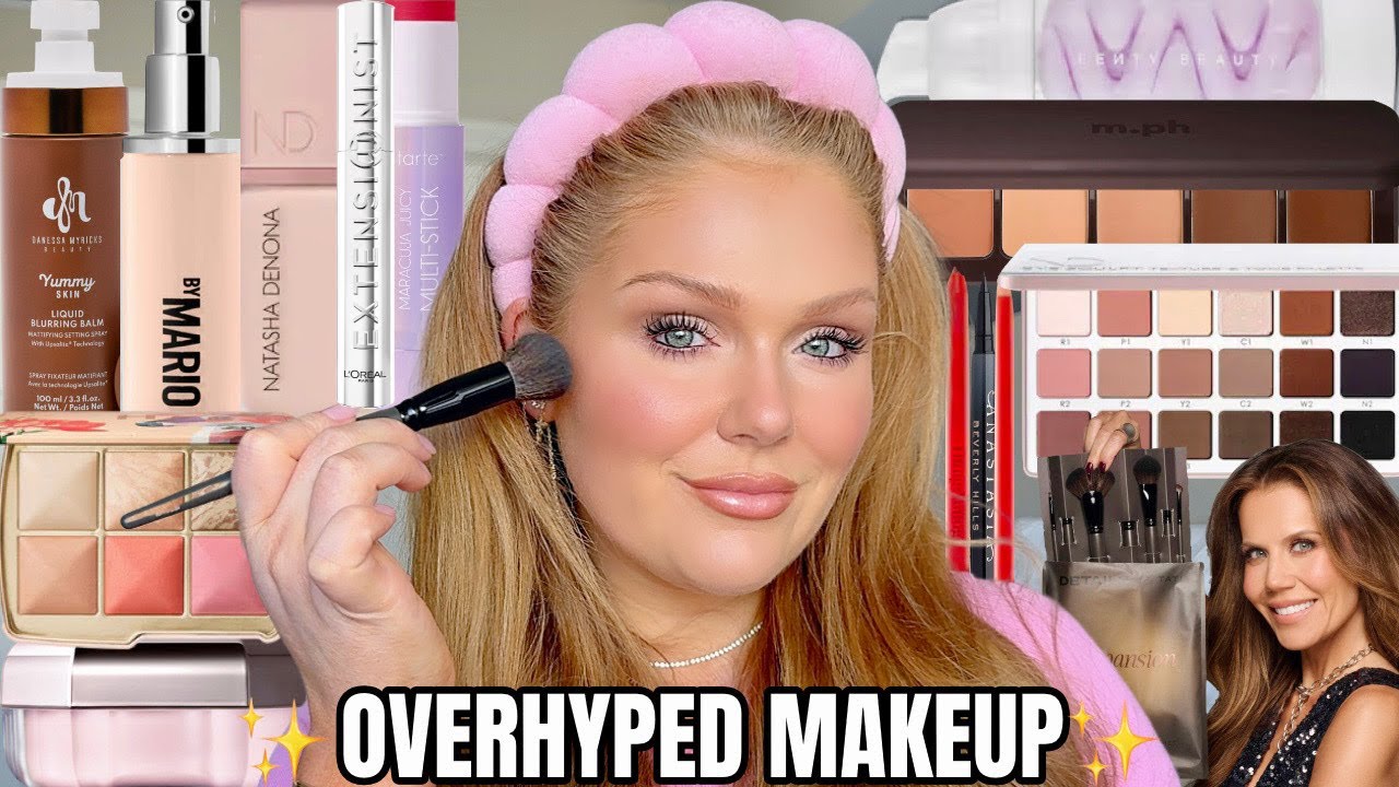 YouTube post by @KellyStrack for Grande Cosmetics. Caption reads: I Tested a Full Face of OVERHYPED VIRAL New Makeup....