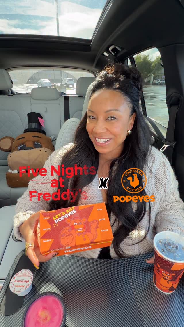 Instagram post by @lex.loves_ for Popeyes. Caption reads: Trying Popeyes New Five Nights at Freddy’s Menu so....