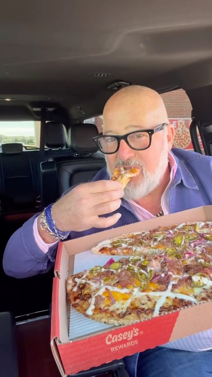 Instagram post by @chefaz for Casey’s. Caption reads: BBQ brisket on a pizza? Bold move. But it....