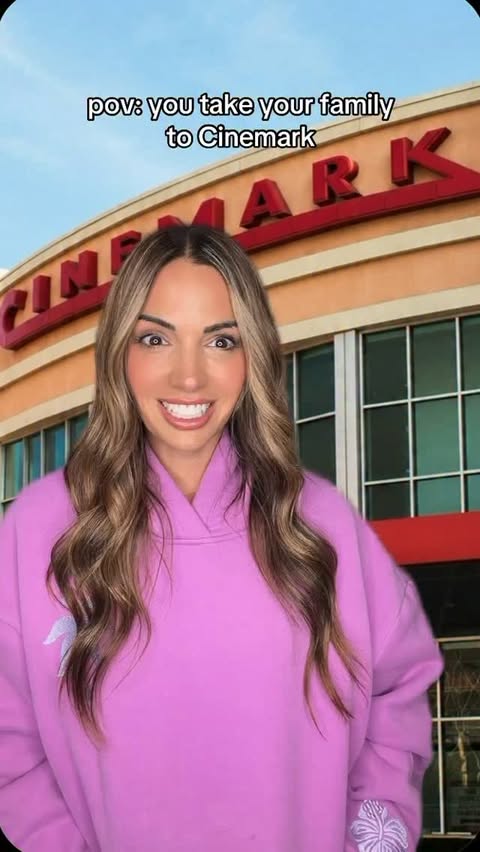 Instagram post by @momlifewithlaura for Cinemark Theatres. Caption reads: POV: YOU TAKE YOUR FAMILY TO @cinemark 🎬 Cinemark....