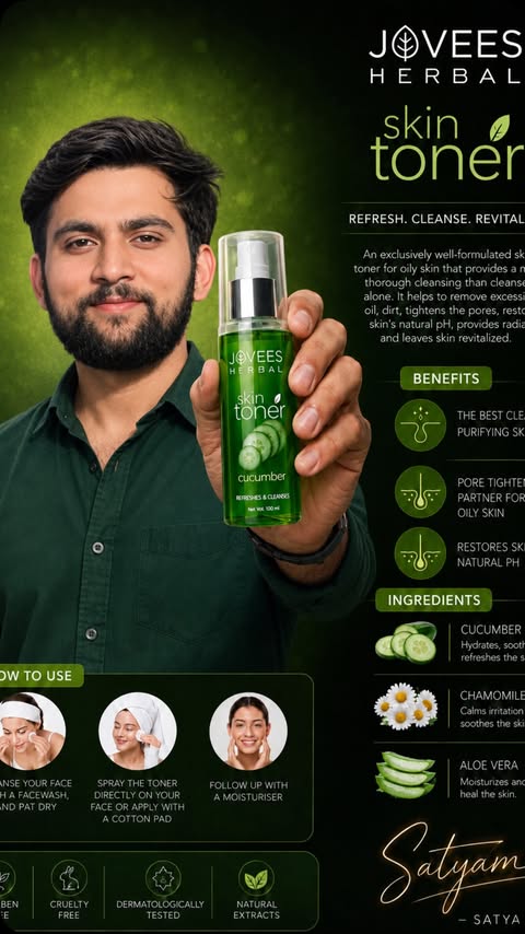 Instagram post by @satyam_rai_sarkar for Jovees Herbal. Caption reads: Jovees Herbal Cucumber Toner @joveesherbal [...].