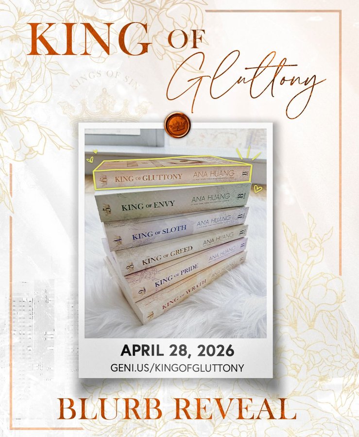 Instagram post by @authoranahuang for Bloom Books. Caption reads: ✨king of gluttony blurb reveal + signed copies for....