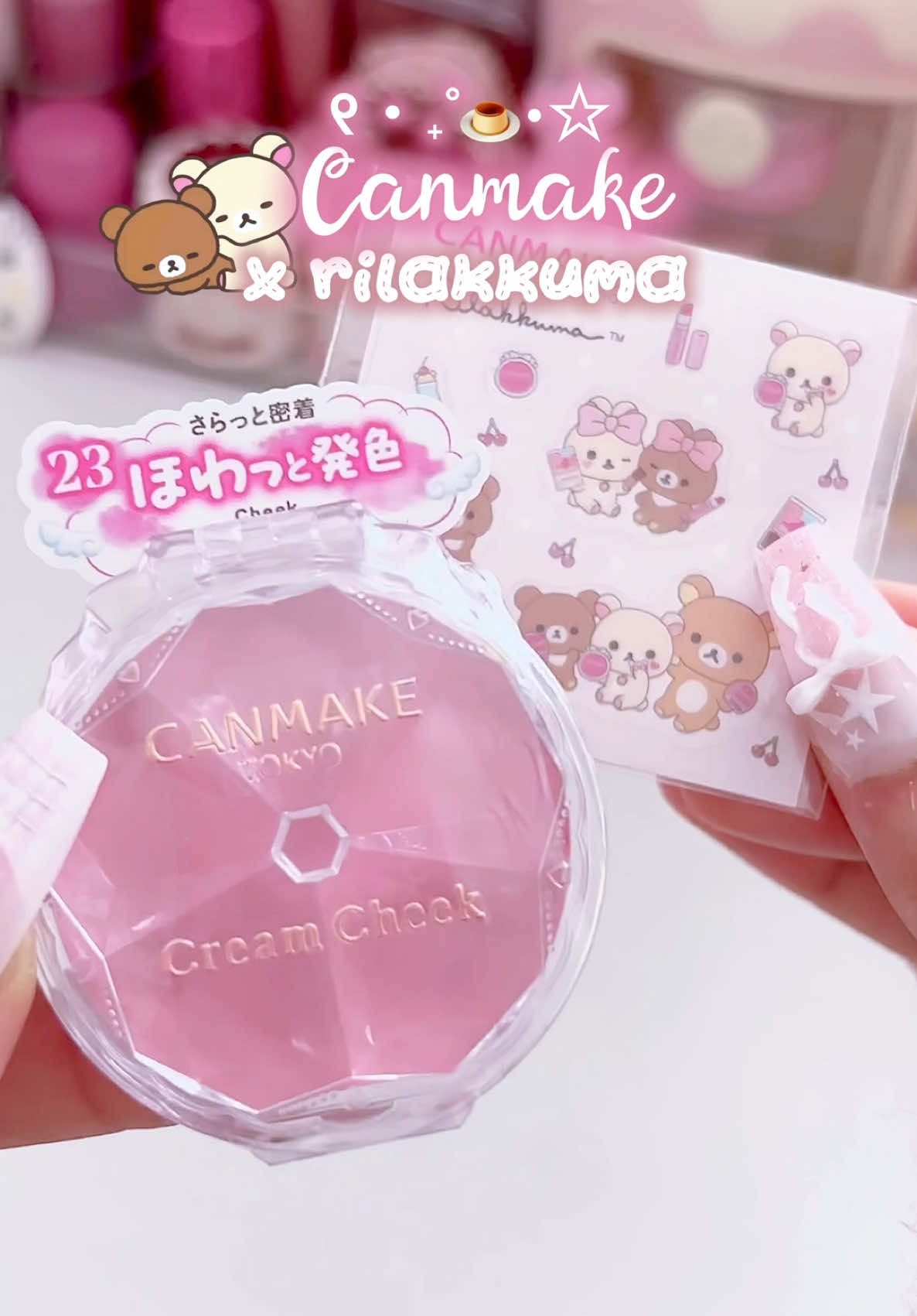TikTok post by @dear_diarlee for CANMAKE USA. Caption reads: Canmake x Rilakkuma?? 🧸 new canmake cream cheek....