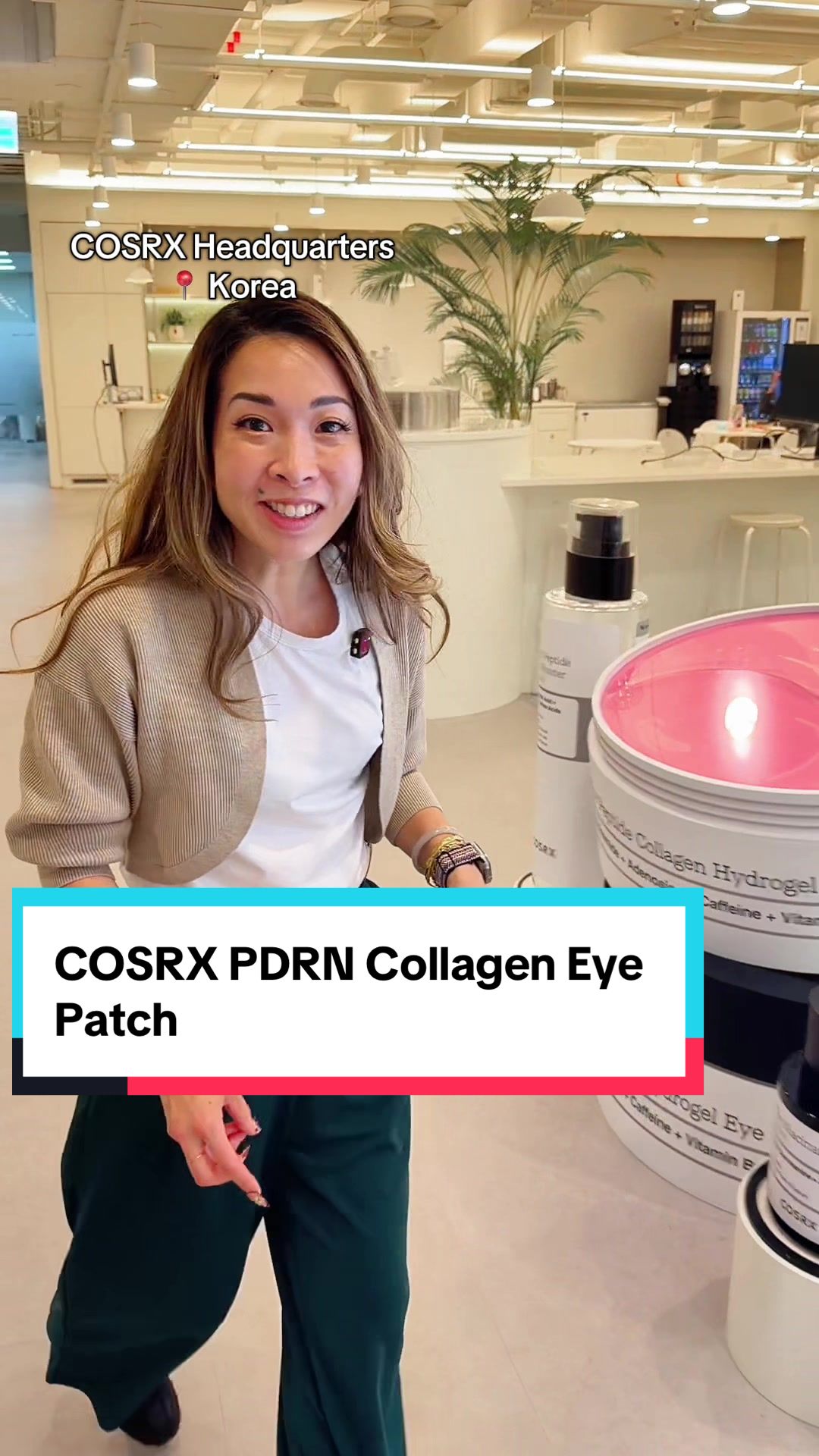 TikTok post by @coracoralily for COSRX. Caption reads: NEW COSRX 5 PDRN Collagen Eye Patches (60-pack)....