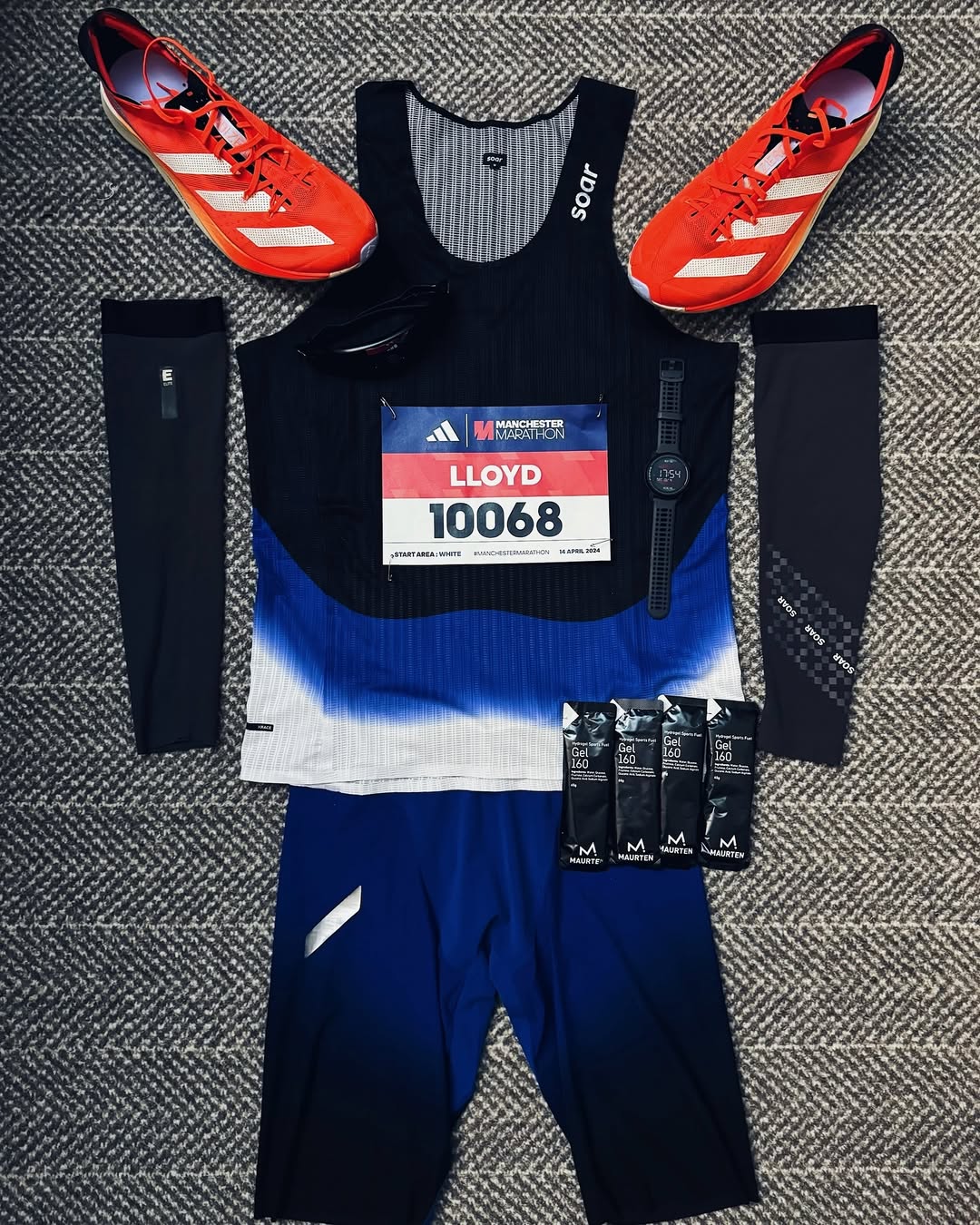 Instagram post by @trackstaa for SOAR Running. Caption reads: [...] there tomorrow. #manchestermarathon....