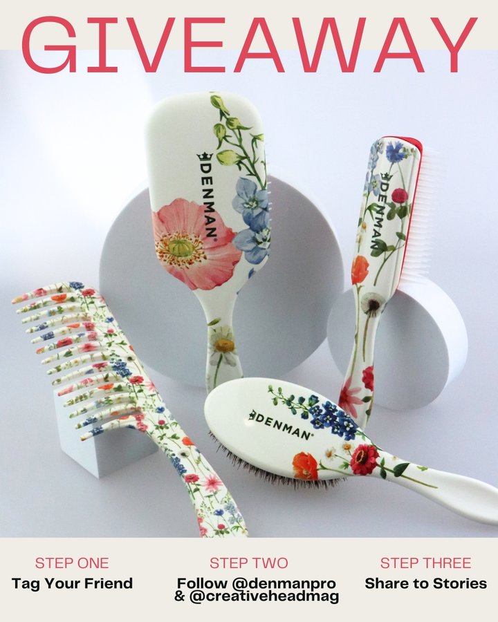 Instagram post by @denmanpro for Creative HEAD Magazine. Caption reads: WIN the Denman Deluxe Floral Fantasies Range! 🌸🌷....