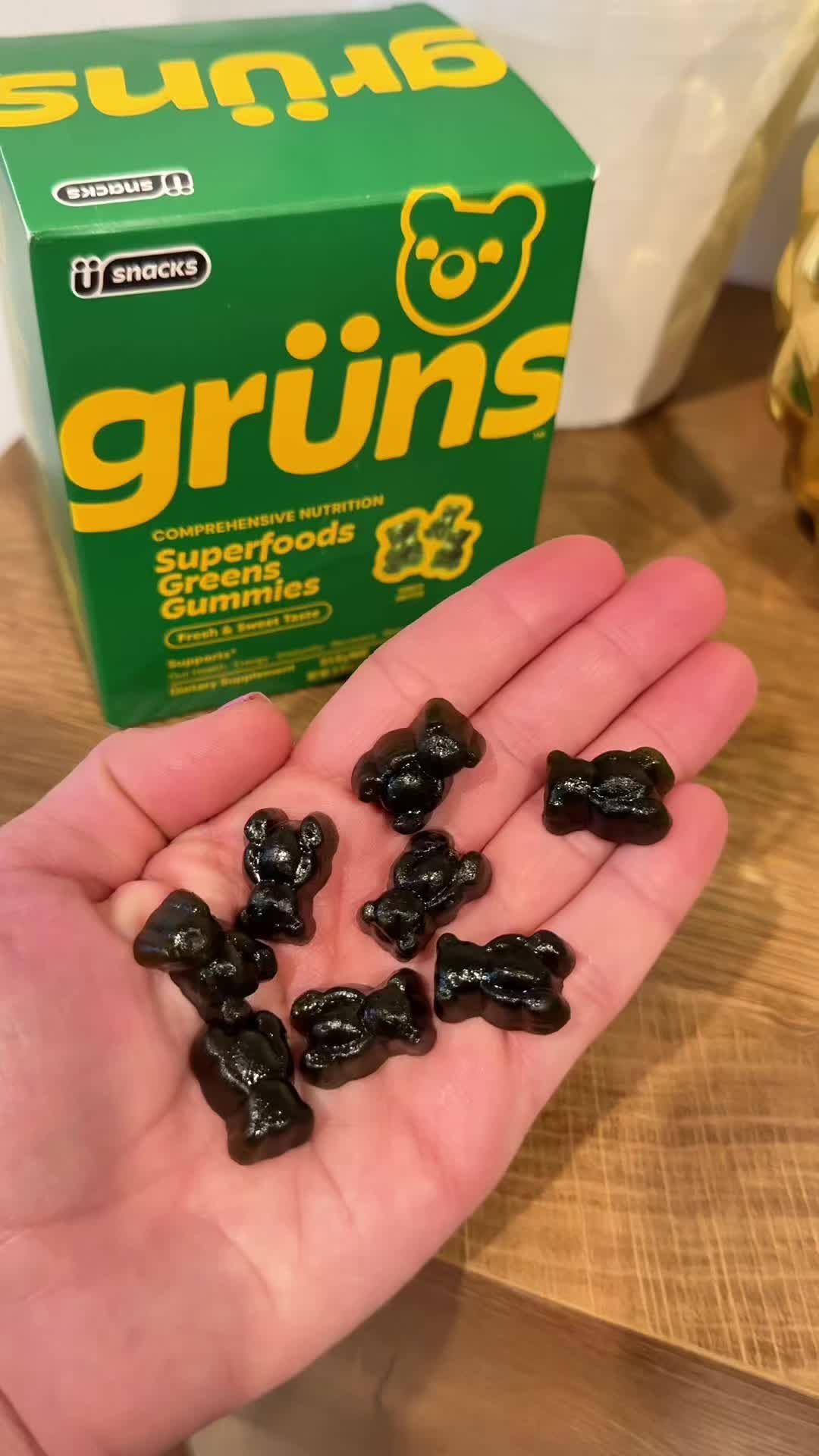 TikTok post by @marlen.cooks for Grüns. Caption reads: Superfoods Greens Gummies @Grüns ! Easy on the go....