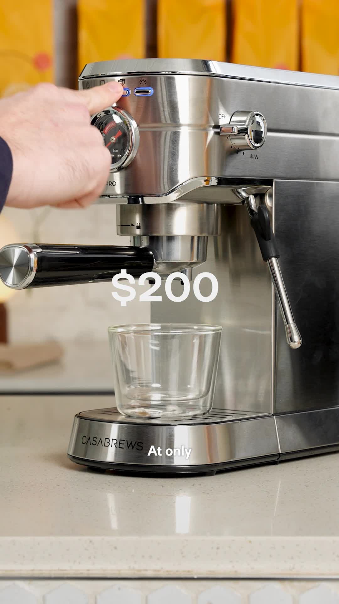 Instagram post by @goldenbrown.coffee for Casabrews. Caption reads: An espresso machine for only $200?? The Casabrews....