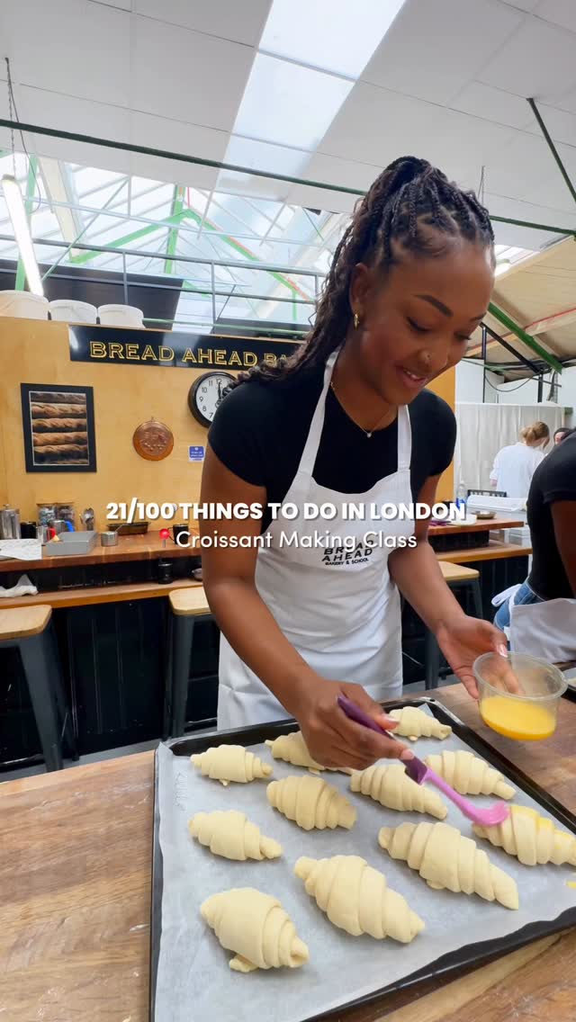Instagram post by @runawaywithrachel for Bread Ahead. Caption reads: Things to do in London: Croissant Making Workshop....