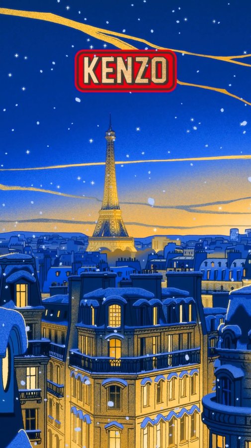 Instagram post by @parallel_studio_ for KENZO Parfums. Caption reads: It’s snowing on Paris, no better day to launch our....