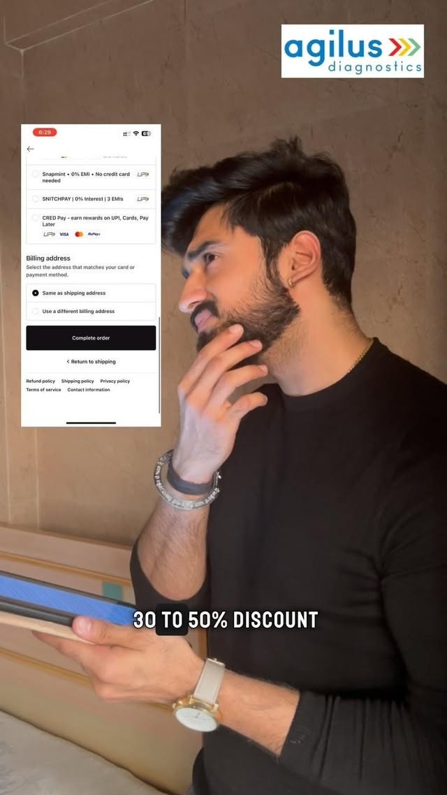Instagram post by @kunal_vachhani for Agilus Diagnostics. Caption reads: [...] doesn’t love a good discount? 💁🏻 Agilus....