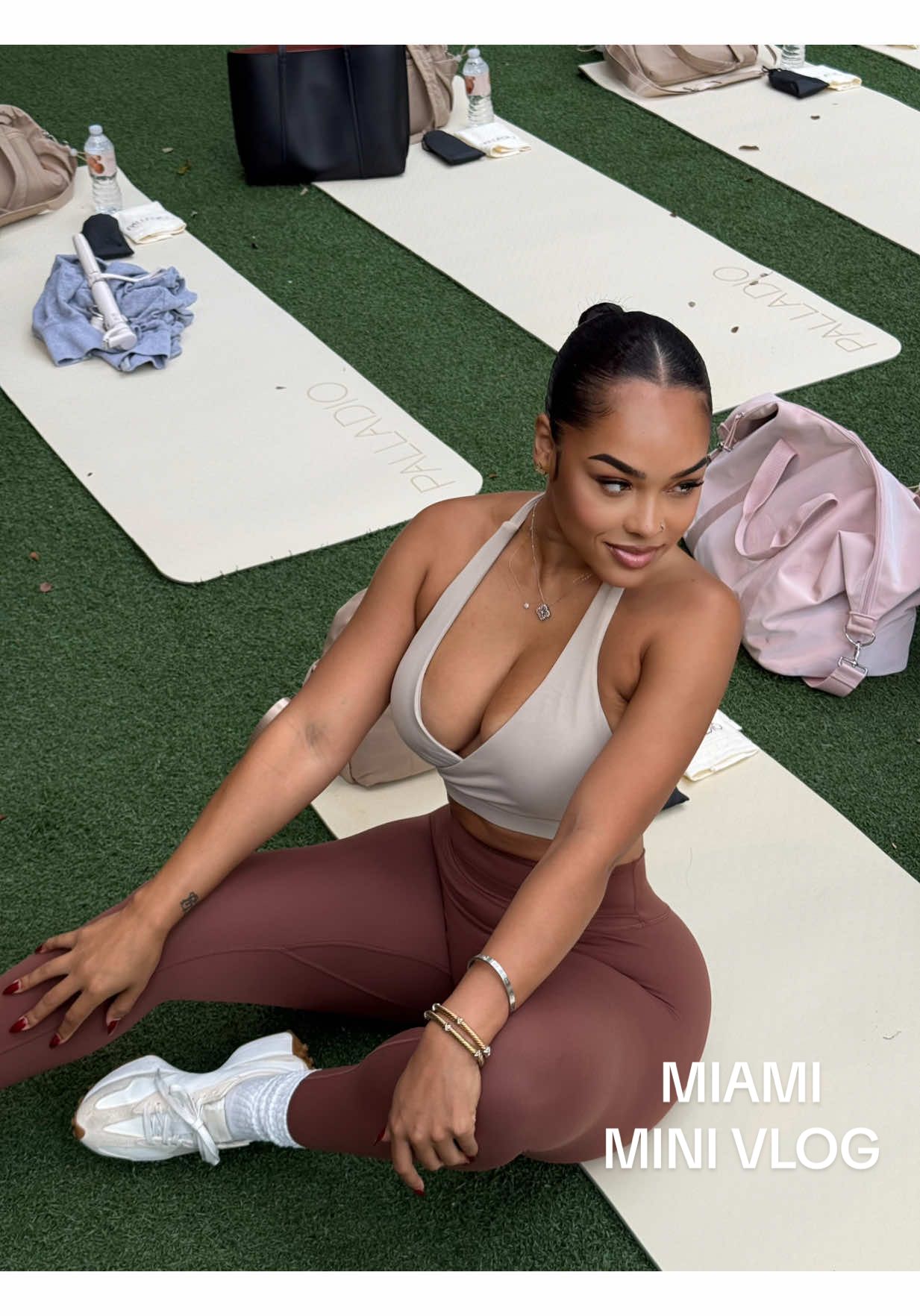 TikTok post by @sachebabyyy for Palladio Beauty. Caption reads: @Palladio Beauty beauty/pilates event celebrating....