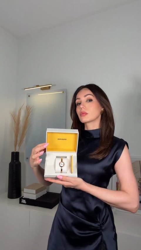 Instagram post by @maryam.ghafarinia for Movado. Caption reads: [...] to style. I’ve been reaching for my @movado....