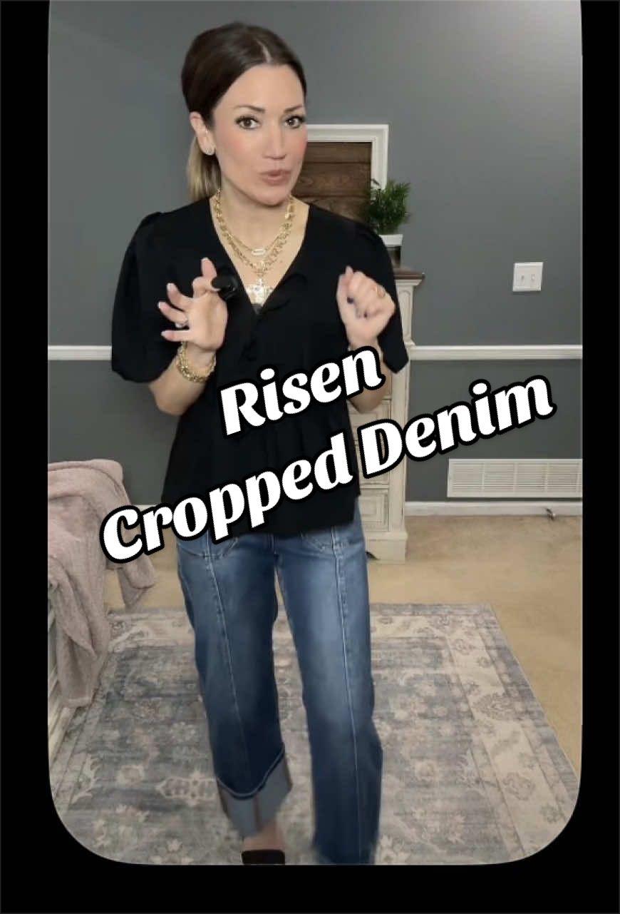 TikTok post by @andreanolen22 for Freckled Poppy. Caption reads: [...] #momfashion #womensjeans @Freckled Poppy ✝️.