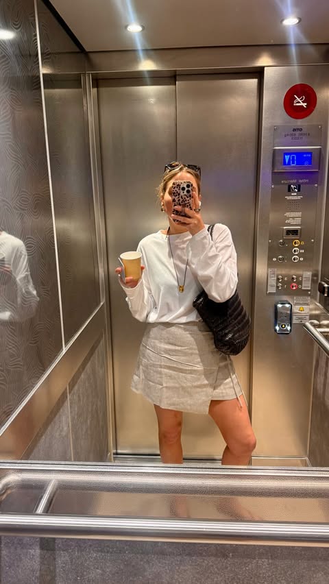 Instagram post by @caroline_thestylist for Monica Vinader Official. Caption reads: No makeup cute outfit coffee run ✌🏼 Comment SHOP....