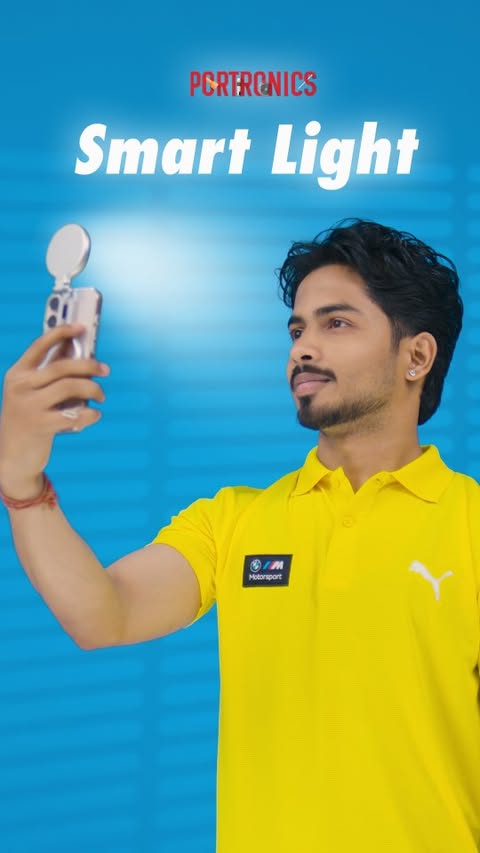 Instagram post by @iamshubhamkhanna for Portronics. Caption reads: [...] ✨ Perfect lighting for every shot 💡....