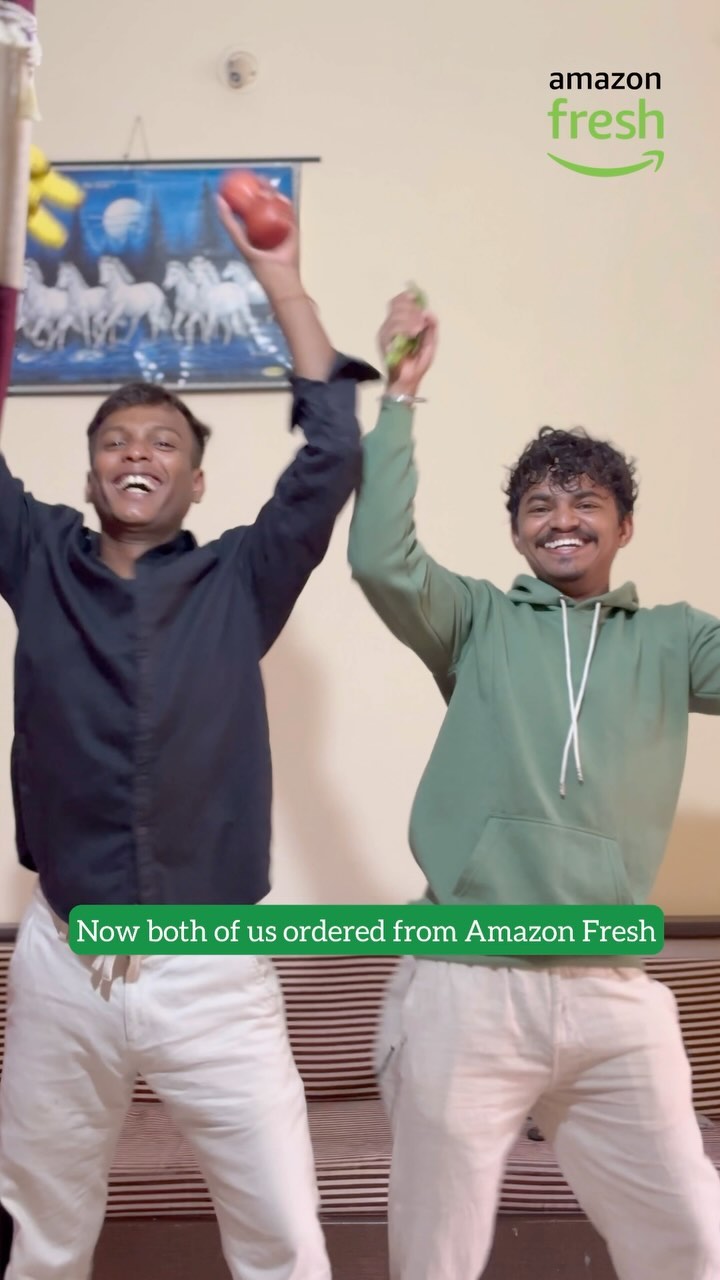 Instagram post by @shubham_sheela_sanjay for Amazon Fresh. Caption reads: Order from @amazonfreshin and do the happy....