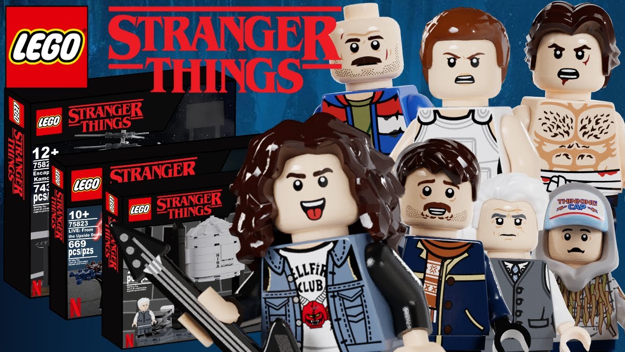 YouTube post by @thebrickaniac for Minifigs.me. Caption reads: I made LEGO Stranger Things Season 4 Vol.2 sets....