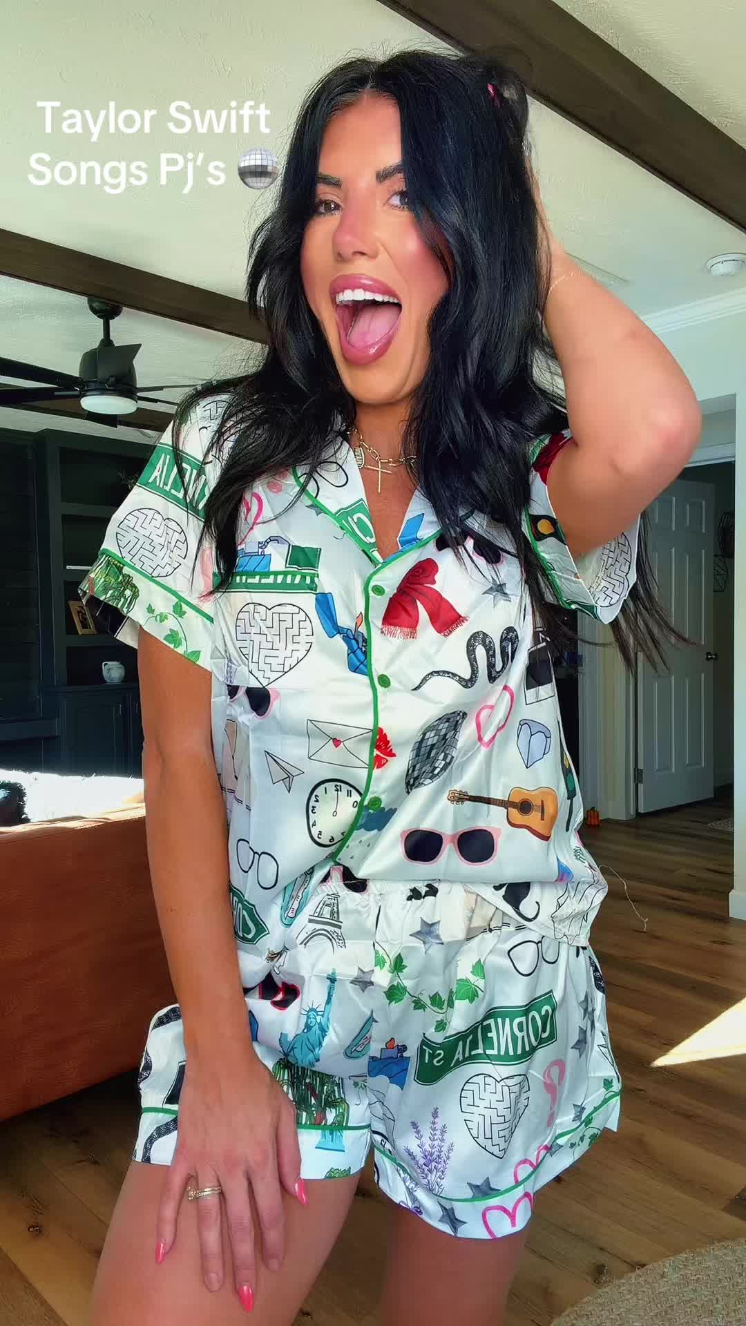 TikTok post by @morganbuckner14 for SheShow. Caption reads: [...] #pjs #celebrity #pajamaset #tiktokshop....