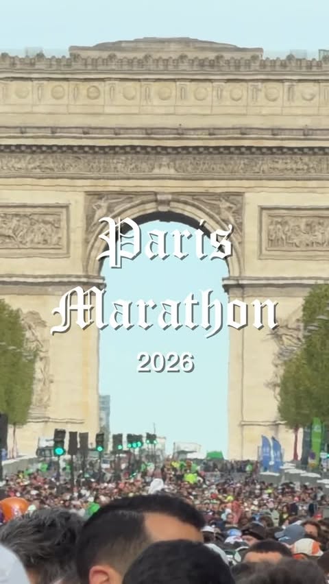 Instagram post by @kofuzi for Salomon. Caption reads: Paris Marathon 2026 . 60,000 runners participated....