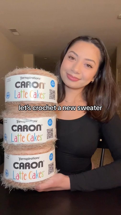 Instagram post by @xinecrochets for Yarnspirations. Caption reads: [...] the newest Caron Latte Cakes from....