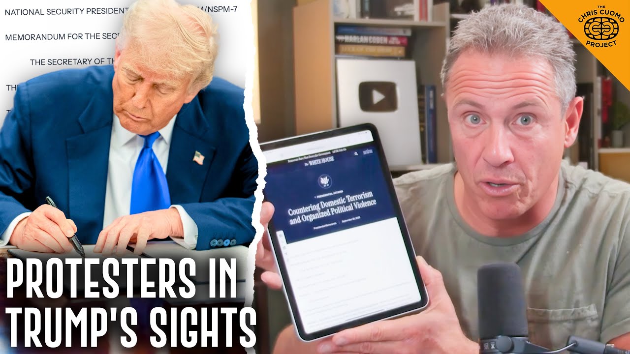 YouTube post by @chriscuomo for Calm. Caption reads: The Trump Memo Blurring Protest and Terrorism.