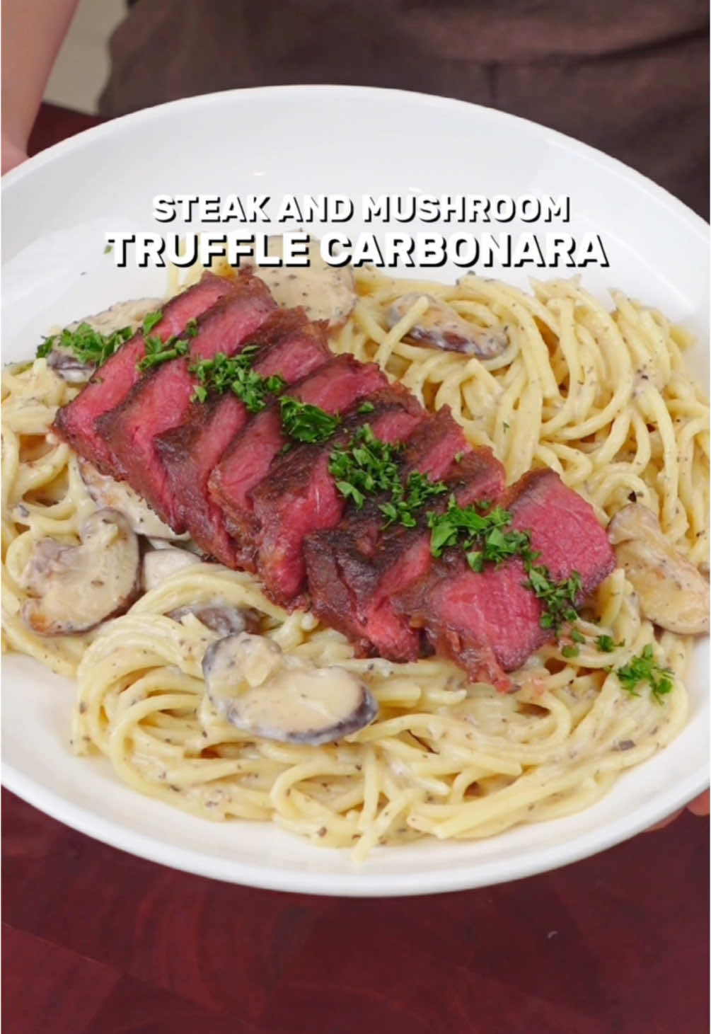 TikTok post by @thechinitafoodie for Del Monte. Caption reads: Steak & Mushroom Truffle Carbonara na hindi....