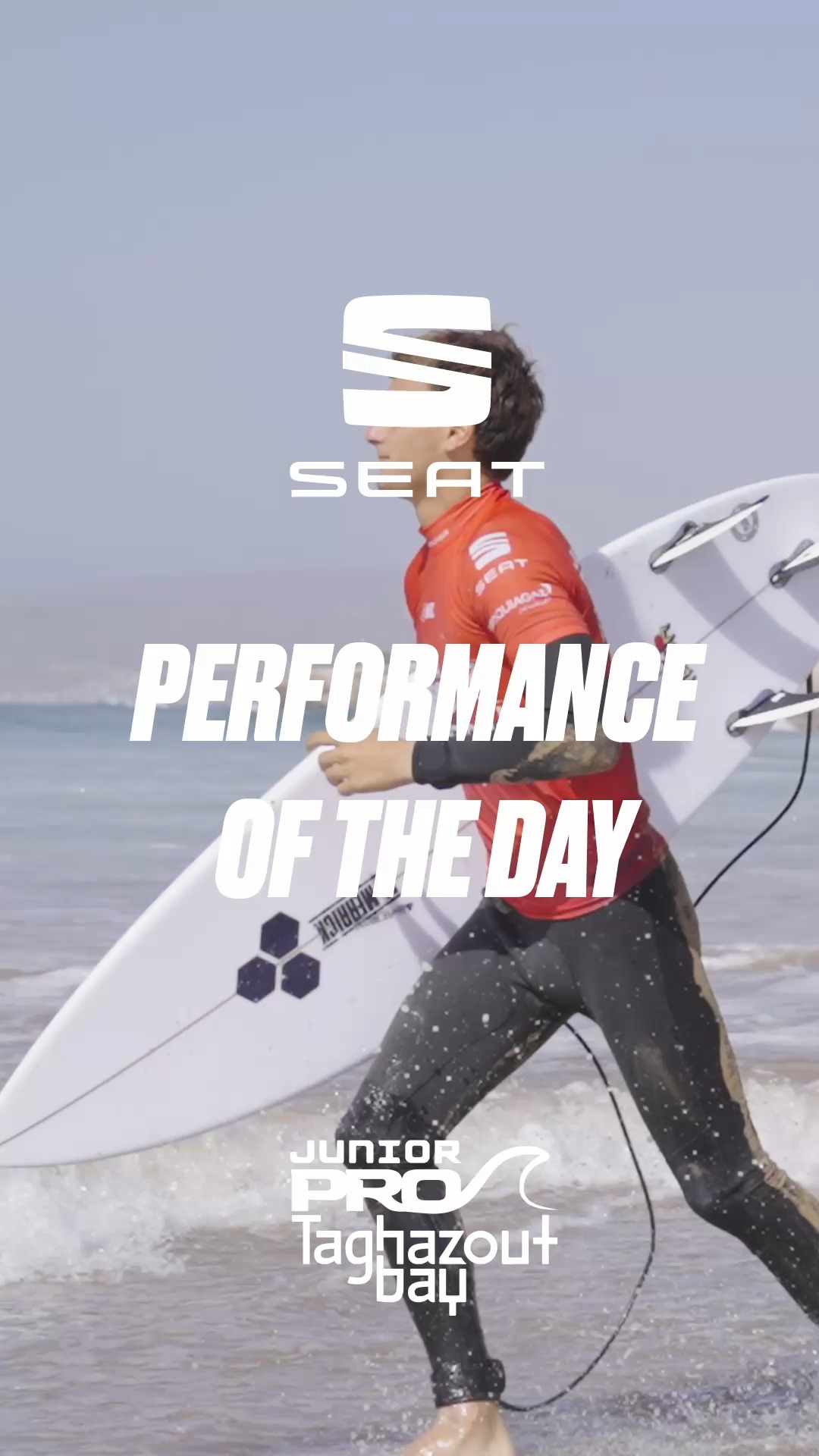 Instagram post by @antoine_habashi for World Surf League. Caption reads: The #JuniorProTaghazoutBay Performance of the Day....