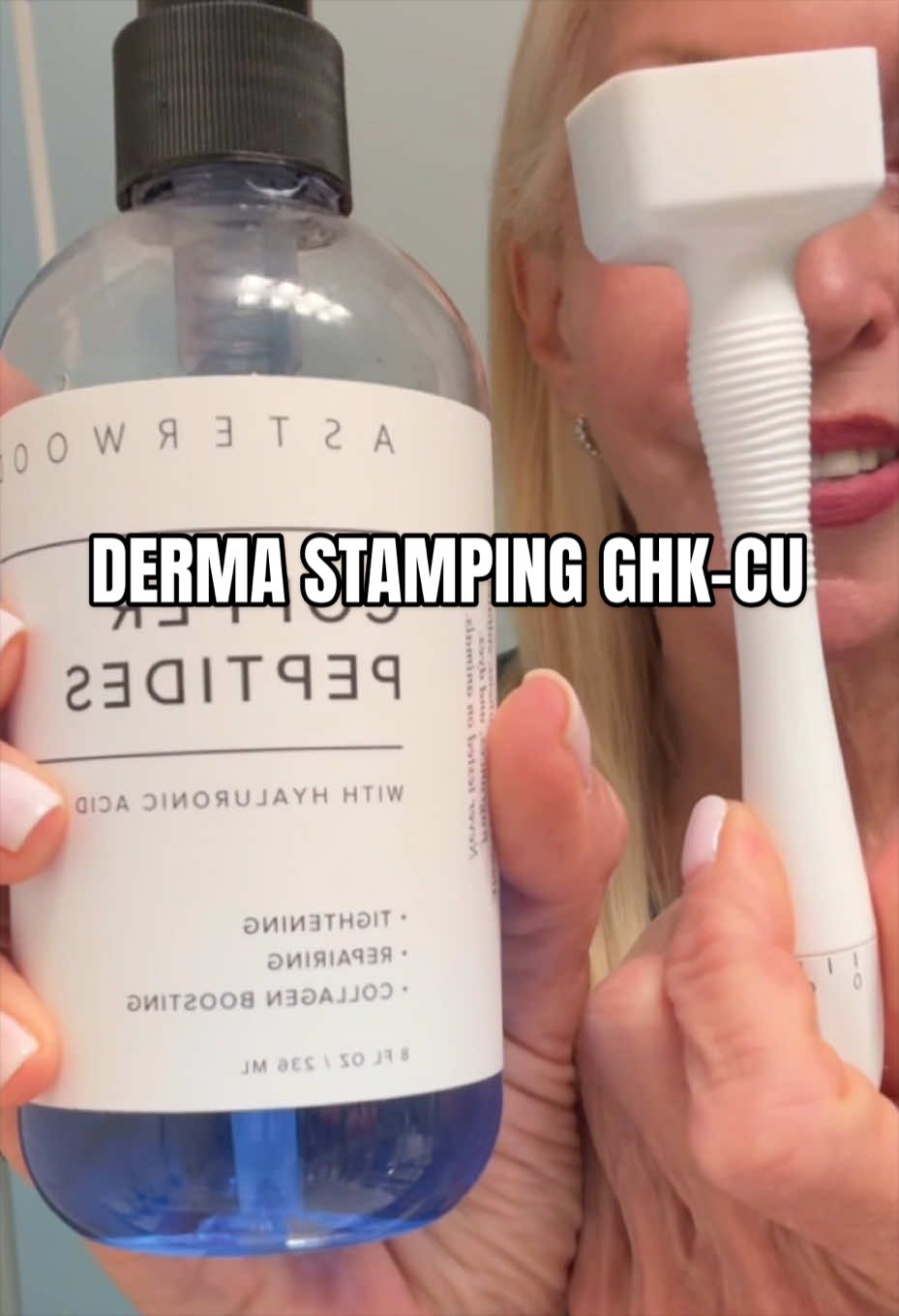 TikTok post by @getfitbycindys for Asterwood Beauty. Caption reads: They call this the “beauty peptide!” #DermaStamp....