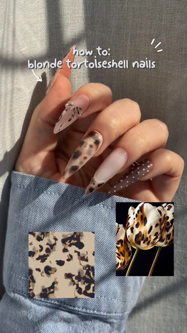 Instagram post by @miralina_nails for VBeautyPure. Caption reads: blonde tortoiseshell nail tutorial 🤍🍂🤎 save for....