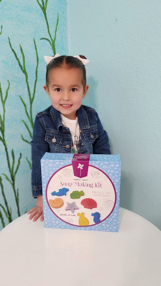 Instagram post by @familyfunincali for Pinwheel Crafts. Caption reads: [...] super fun DIY Soap Making Kit from Pinwheel....