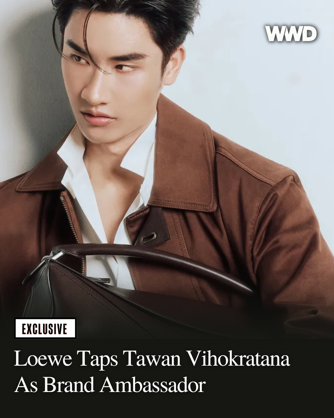 Instagram post by @tawan_v for LOEWE. Caption reads: @loewe has signed on Thai actor Tawan Vihokratana....