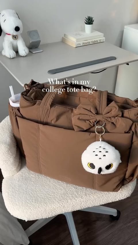 Instagram post by @alice.journeyy for Bagsmart. Caption reads: [...] in my college tote bag? 💼📝🤍📚🧸....