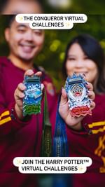 Instagram post by @thewizardingsibs for The Conqueror Virtual Challenges. Caption reads: [...] exclusive medals? 🥇🪄 Join the Conqueror....