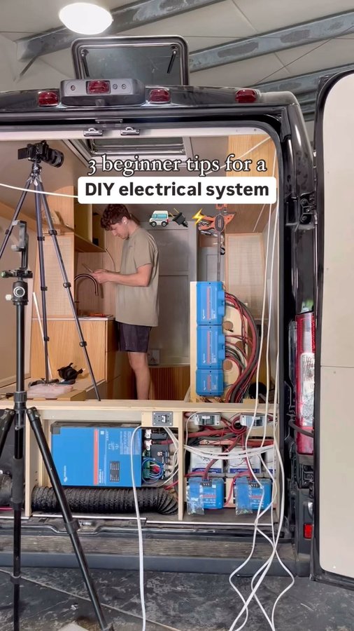 Instagram post by @scarletandseth for Battle Born Batteries. Caption reads: our top 3 tips for a diy electrical system 👇🏼....