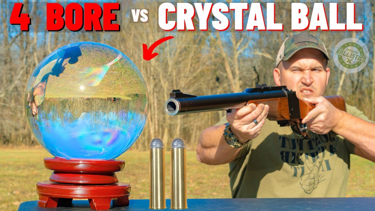 YouTube post by @KentuckyBallistics for Morgan & Morgan. Caption reads: 4 BORE Rifle vs GIANT Crystal Ball (The Biggest....