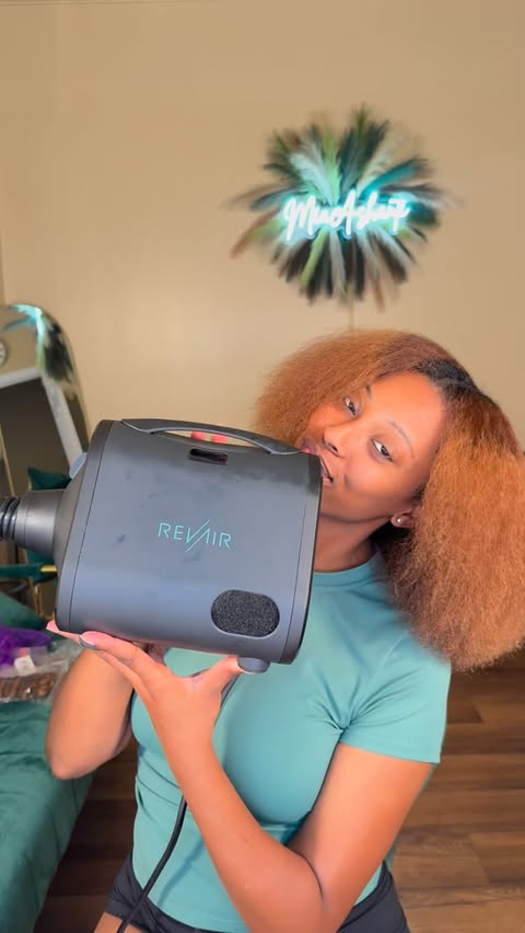 Instagram post by @miaa.ashantii for RevAir • Reverse-Air Dryer. Caption reads: #AD Lately, life has felt like one big celebration....