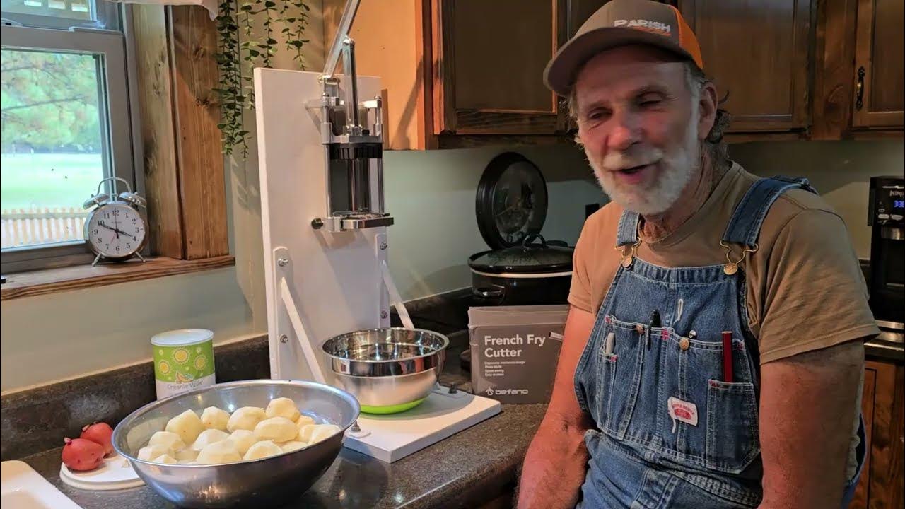 YouTube post by @pecangrovems for Azure Standard. Caption reads: Perfect SHOESTRING Fries!  This Cutter is AWESOME!.