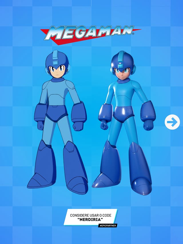 Instagram post by @nerdiria for Fortnite. Caption reads: 🛍️Mega Man x Fortnite! Todos os trajes e estilos....