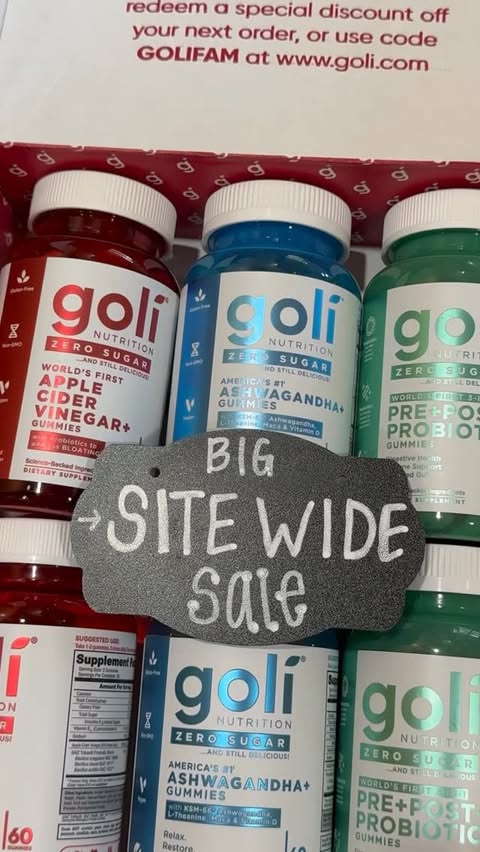 Instagram post by @cassie.c.morris for Goli Nutrition. Caption reads: HUGE SITE WIDE SALE! Use code CASSIE50 to take....