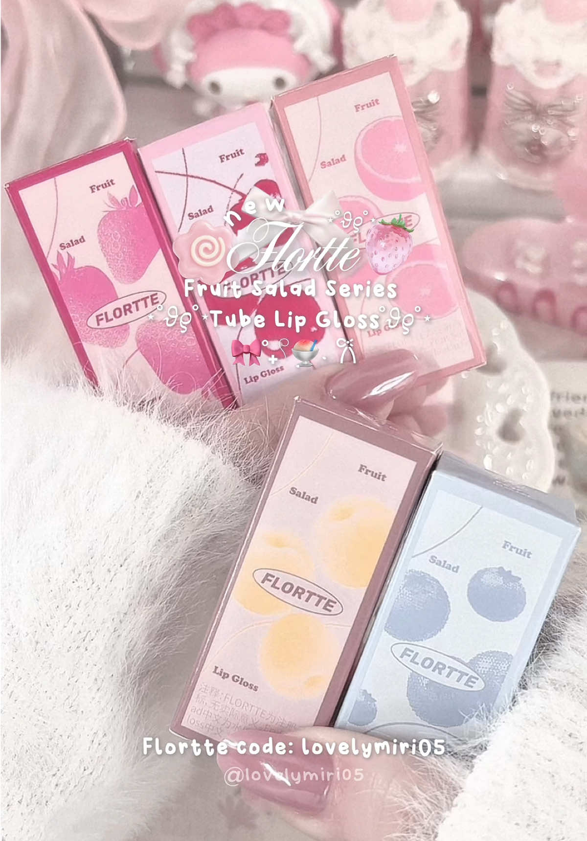 TikTok post by @lovelymiri05 for Flortte Beauty. Caption reads: [...] by 💕 🏷️ #pinkaesthetic #flortte....
