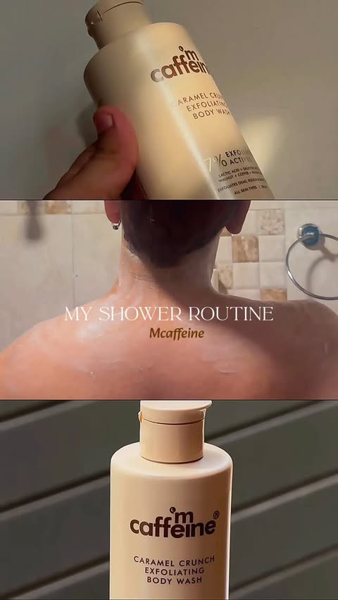 Instagram post by @shutup_prxtham for MCaffeine. Caption reads: [...] with this Shower Gel ☕️ . . . .....
