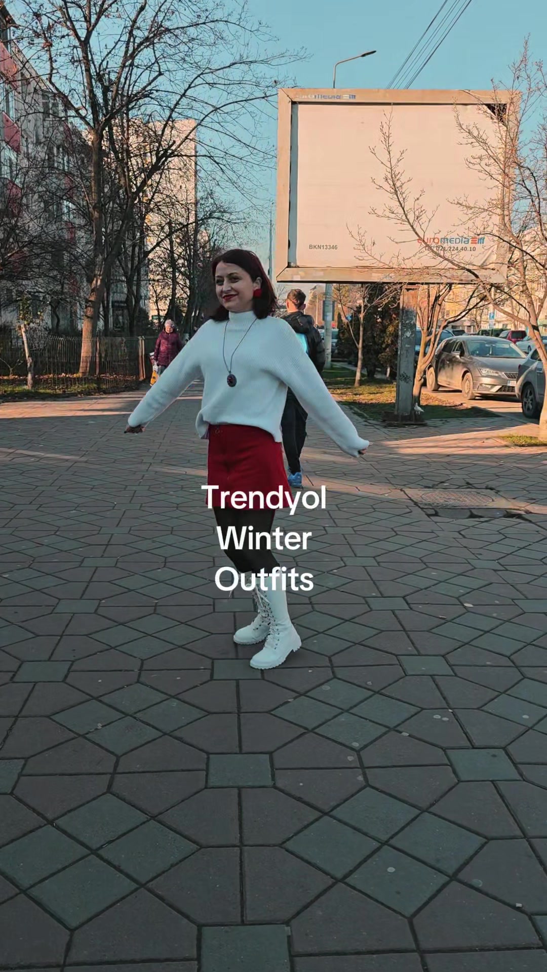 TikTok post by @catalina.portiadecitit for Trendyol. Caption reads: @Trendyol Winter Outfits 🌲 @Trendyol Romania....