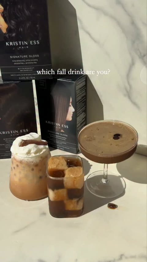 Instagram post by @estherscafe_ for Kristin Ess Hair. Caption reads: Choose your gloss ☕️🫖🍫 inspired by....