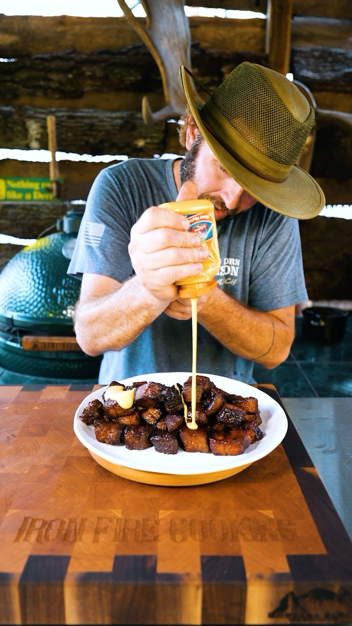 Instagram post by @montanablockco for Field & Stream. Caption reads: Pork Belly Burnt Ends – Two Ways on the Big Green....