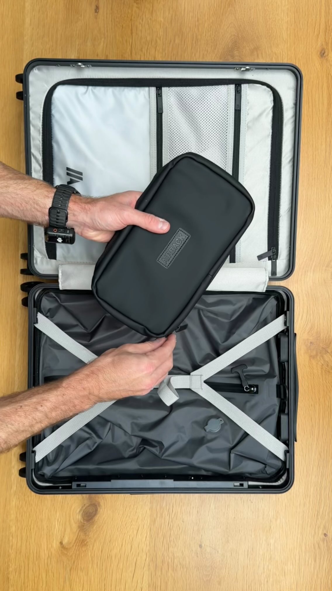 Instagram post by @joshbeaumontt for Airback. Caption reads: Packing Smarter with Airback NEXT🔥 💨Built-in....